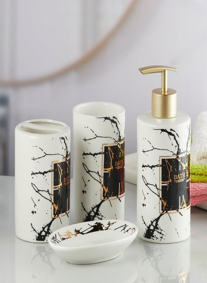 Kookee Ceramic Bathroom Set - Stylish 4 Piece Bath Accessories Kit with Soap Dispenser, Toothbrush Holder, Tumbler & Soap Dish - Modern & Designer Decor for Home & Guest Bathrooms, White/Black (8234) - Image 3